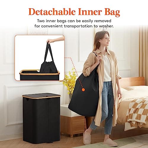 Lifewit 150L Double Laundry Hamper, Black, with Lid & Bamboo Handles