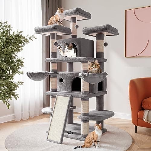 SHA CERLIN 68-Inch Multi-Level Cat Tree for Large Cats with Condo, Perches, Scratching Posts, and Hammocks - Pink — Grey