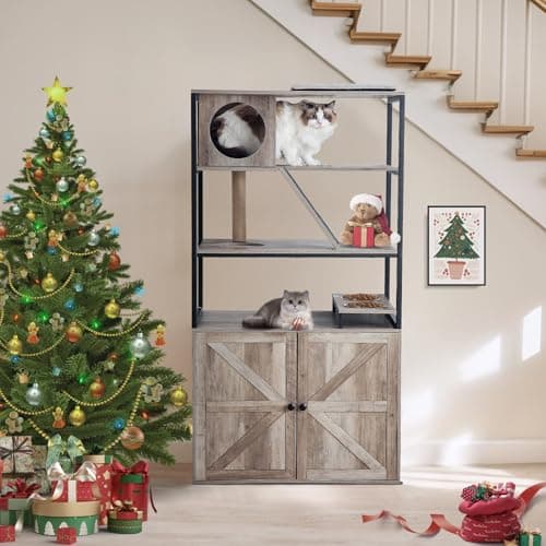 Redlife 5-Level 2-in-1 Cat Tree & Litter Box, Wooden Furniture, Grey