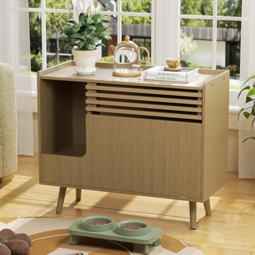 Mid-Century Modern Cat Litter Box with Scratch Pad & Flip-Down Opening 32.8" x 18.7" x 29"H Natural