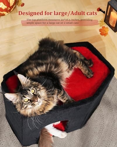 Gothic Cat Condo Cave, Spacious Indoor Bed for Large Cats, Red Black
