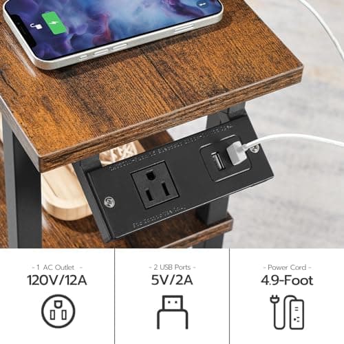 HOOBRO Small Narrow Side Table with Charging Station, Sofa Beside Table on Wheels for Living Room