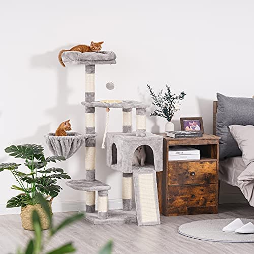 Heybly Multi-Level Cat Tree with Scratching Board & Feeding Bowl - Light Gray