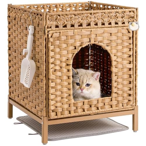 Hidden Rattan Cat House with Litter Mat & Metal Feet