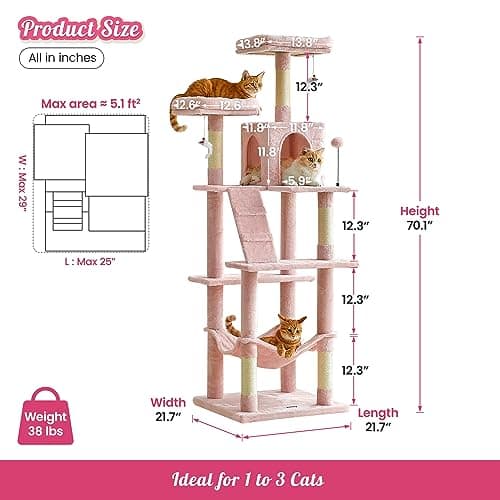 Pink Multi-Level 70.1-Inch Cat Tree with Scratching Posts & Hammock