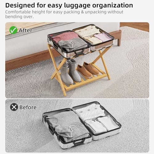 Bamboo Luggage Rack for Guest Room - 2 Pack, 26.77 Folding Suitcase Stand with Storage Shelf (Natural)