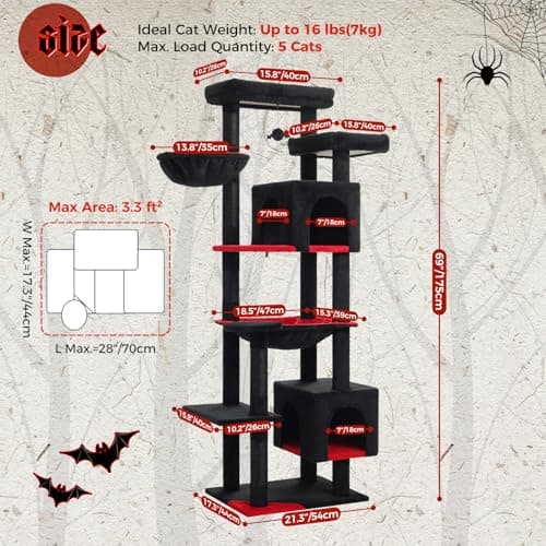 PetePELA 69-Inch Gothic Cat Tree, Black: Large Hammock, Tall Tower, Scratching Posts