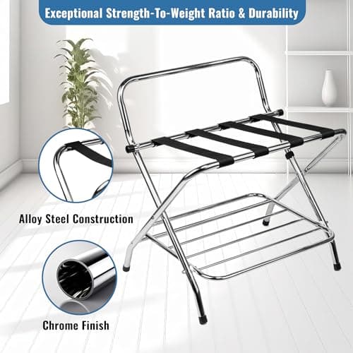 Double Tier Luggage Rack with High Back, Chrome, Assembly Included, Foldable Guest Room Organizer
