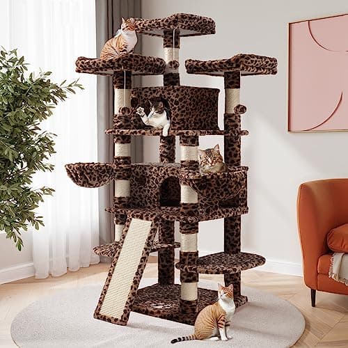 SHA CERLIN 68-Inch Multi-Level Cat Tree for Large Cats with Condo, Perches, Scratching Posts, and Hammocks - Pink — Leopard Print