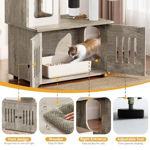 YITAHOME 2-in-1 Cat Tree and Litter Box Enclosure - Modern Indoor Cat Tower with Wood House, Perch, and Hammocks, 59 Inch, Gray