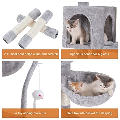 Heybly Light Gray Cat Tree with Toy & Padded Perch