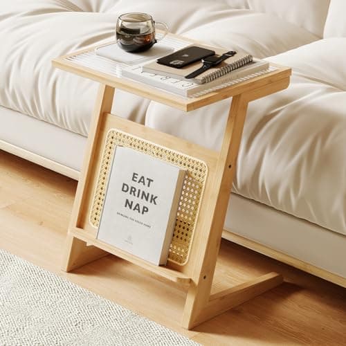 Bamworld Rattan 2-Tier Side Table with Storage Boho Living Room Glasstop Narrow Coffee Table — Z-rattan Table-nature