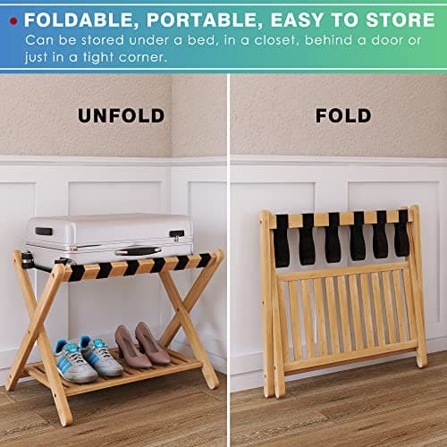 SMIBUY Foldable Bamboo Luggage Rack with Storage, Set of 2 (Natural)