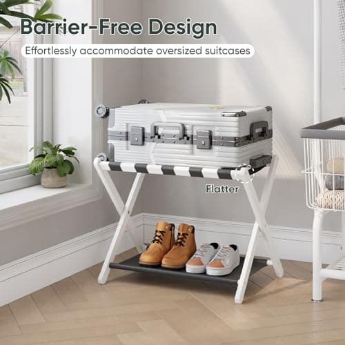 Folding Luggage Rack, White Bamboo Suitcase Stand with Storage Shelf, 2 Pack, Holds up to 131 lb