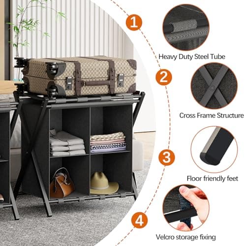 Black Folding Suitcase Stand with Storage Shelf for Guest Rooms
