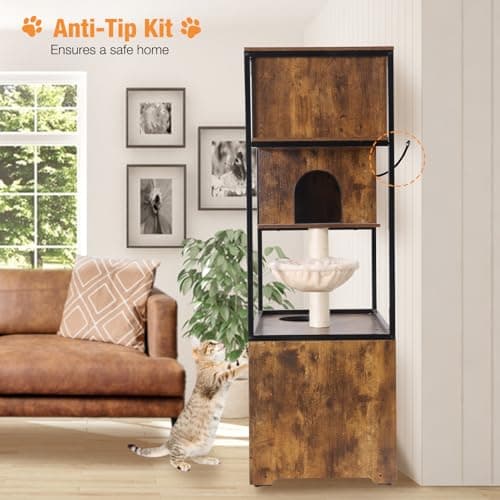 Hidden Kitty Litter Box with Barn Door, Metal Frame, Wood Enclosure (Wood, M)