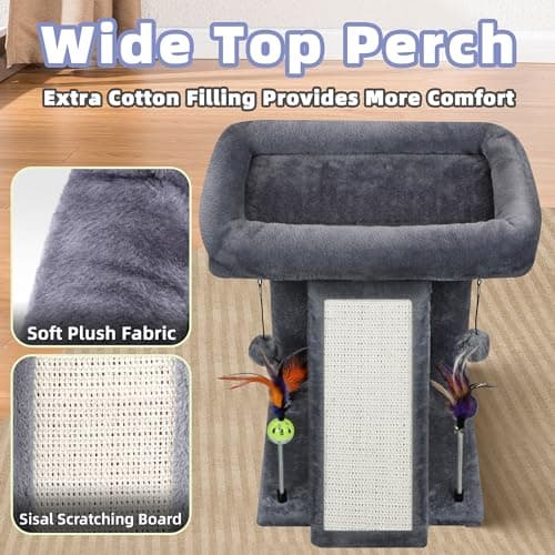 TWDEPART Grey Cat Tree Tower with Scratching Post and Playful Toy Balls