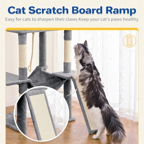 Multi-Level Cat Tree Tower with Sisal Scratching Posts & Hammock - Light Grey