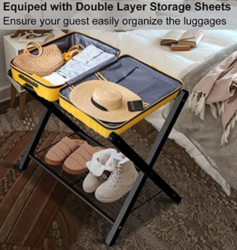 Black Metal Foldable Suitcase Stand with Shelf, 1 Pack