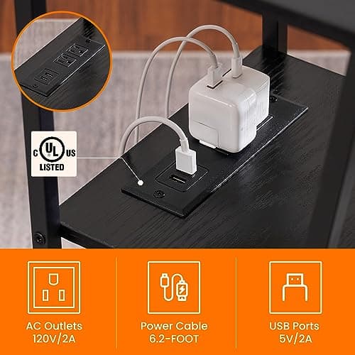 C Shape Side Table with Charging Station and Phone Holder for Small Spaces