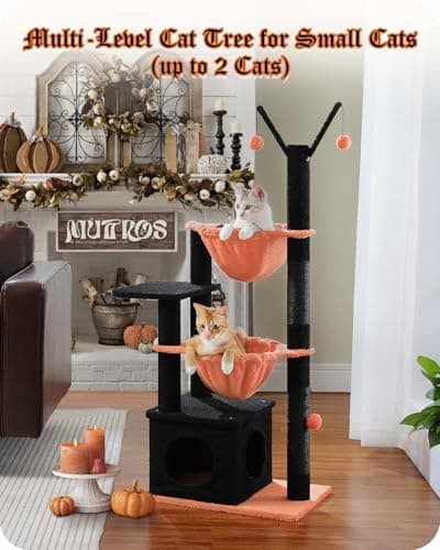 Spooky Gothic Cat Tree with Coffin Condo, 2 Metal Hammocks & Scratching Post, Black Halloween