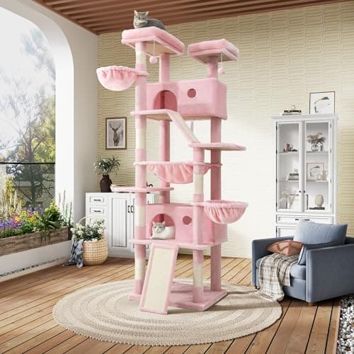 SHA CERLIN 81in Multi-Level Cat Tree Tower with Hammock & Sisal Posts, Grey — Pink