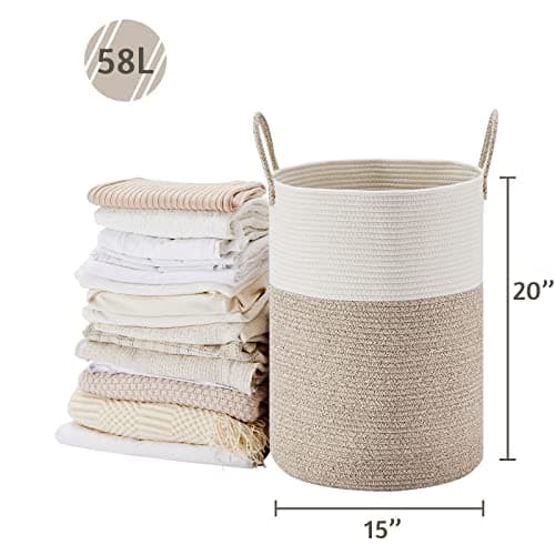 Vippo Large Woven Laundry Basket - White & Brown, 58L