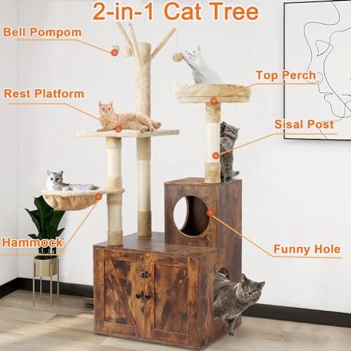 Cat Litter Box Enclosure with Tree Tower Furniture