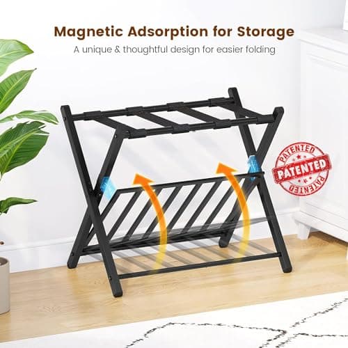 Black Foldable Luggage Rack for Guest Room, 150 lb Capacity, Magnetic Lock, Steel Shelf