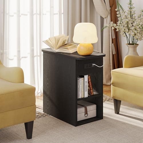 LIKIMIO Narrow Side Table with Flip Top Storage & Charging Station, Vintage Black