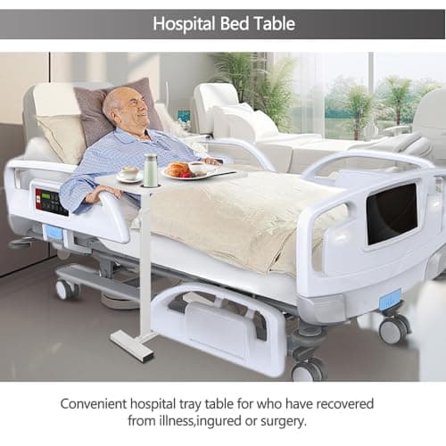 White Adjustable Overbed Table with Hidden Wheels & Cup Holder