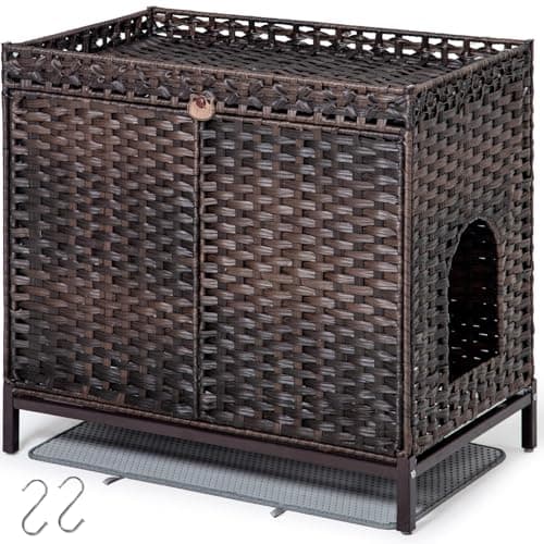 Hidden Handwoven Rattan Cat Litter Box Enclosure, Large Metal Feet, 30.3 x 18.3 x 28 Inches, Indoor — Brown