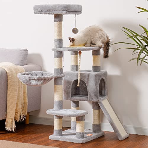 Heybly Cat Tower with Feeding Bowl and Scratching Board