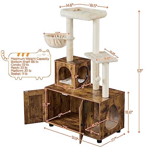 53in Cat Tree with Wood Litter Box Enclosure for Indoor Large Cats