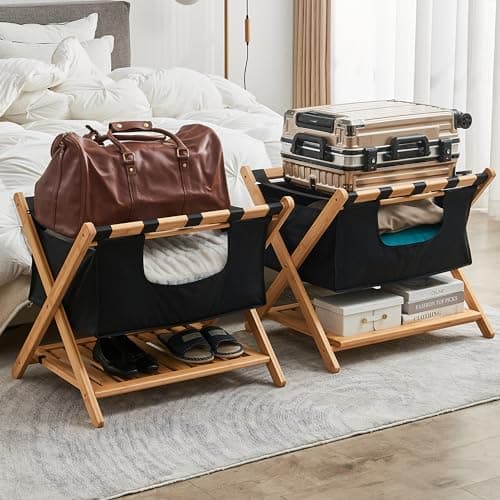 Bamboo Folding Luggage Racks for Guest Room with Laundry Bag and Shoe Rack (Set of 2)