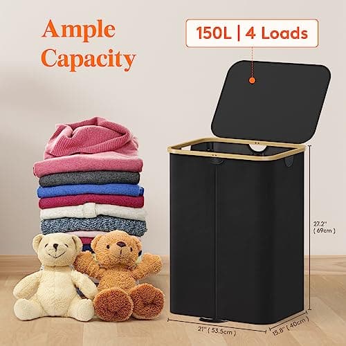 Lifewit 150L Double Laundry Hamper, Black, with Lid & Bamboo Handles