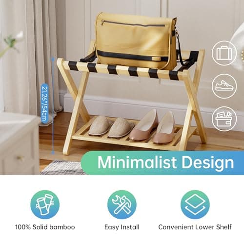 SMIBUY Natural Foldable Bamboo Luggage Rack with Storage Shelf