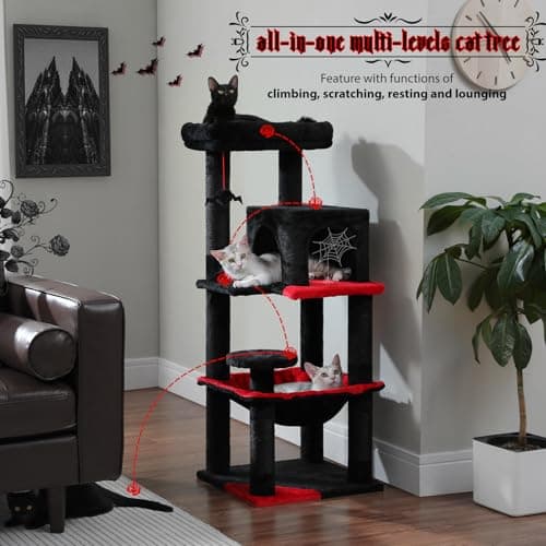PEQULTI Gothic Black Cat Tree with Big Hammock & Scratching Posts