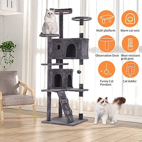 BestPet 70in Cat Tree Tower with Scratching Posts & Toys, Multi-Level Activity Center,Light Gray