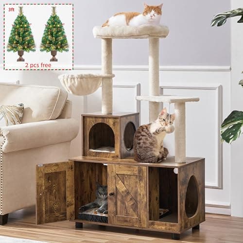 53in Cat Tree with Wood Litter Box Enclosure for Indoor Large Cats