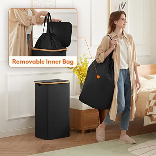 Lifewit Large Foldable Black Laundry Basket with Lid, Bamboo Handles
