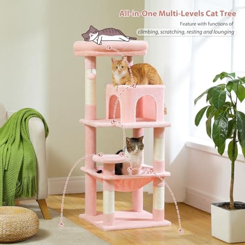 PetepeLA 45.7" 5-Level Cat Tree, Large Hammock & Scratching Posts, Pink