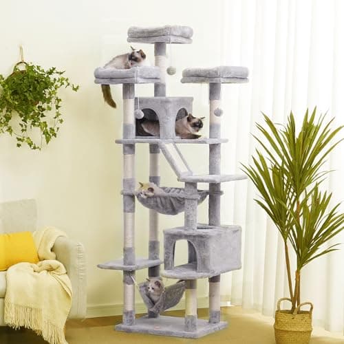 Heybly 73-Inch Cat Tree for Large Cats - Heavy Duty Indoor Condo with Plush Perch, Cozy Basket, and Scratching Posts in Light Gray