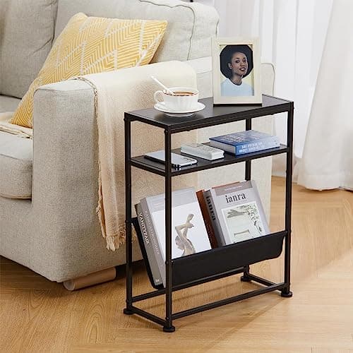 Narrow End Table for Small Spaces - Black Magazine Holder Side Table