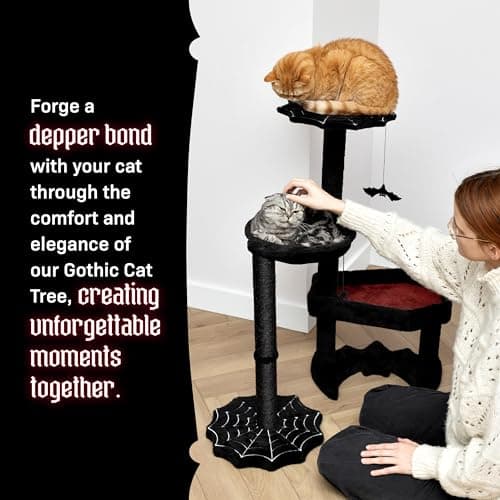 Gothic Cat Tree with Coffin Bed & Toys, 35" Tall Black & Red