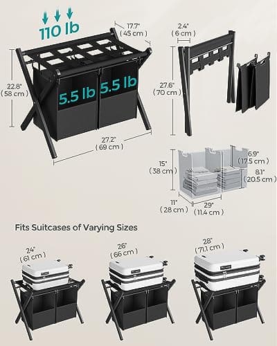 SONGMICS 2 Pack Foldable Luggage Racks with Removable Laundry Bag, Black URLR008B02
