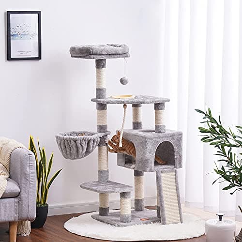 Heybly Multi-Level Cat Tree with Scratching Board & Feeding Bowl - Light Gray