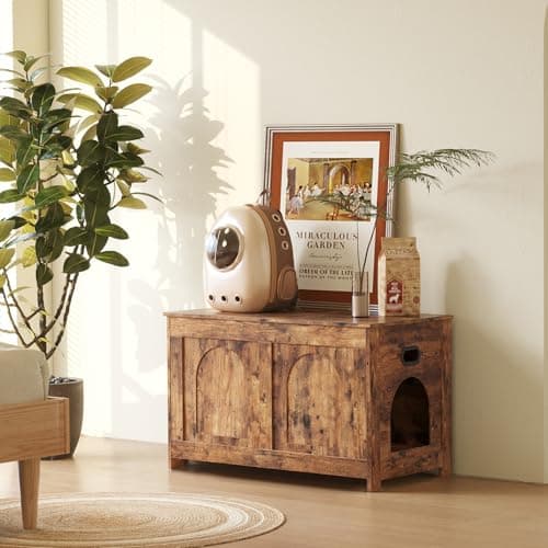 DINZI Sturdy Rustic Brown Litter Box Enclosure, Flip Top Cat House Furnishing