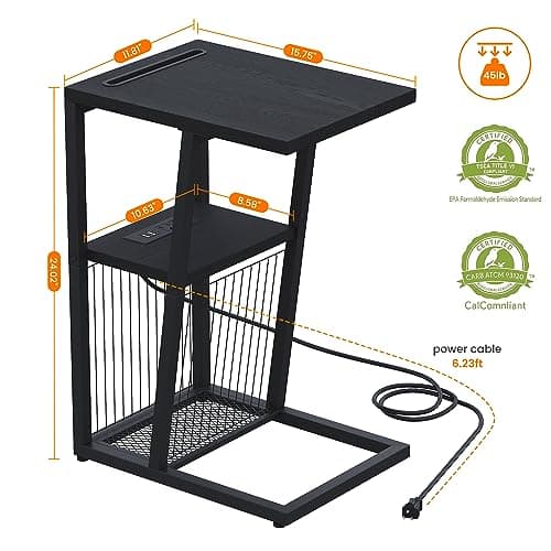 C Shape Side Table with Charging Station and Phone Holder for Small Spaces