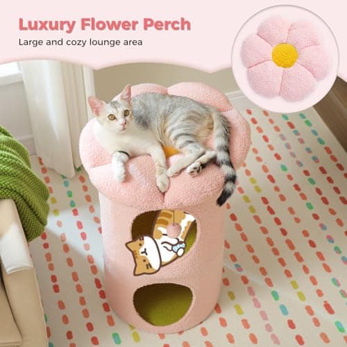 Petepela 2-Level Cat Bed, Pink: Tree House & Flower Bed, Large Cats